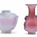 A Chinese mottled pink glass pear-shaped vase and a pale pink glass tea bowl and cover, 19th-20th century