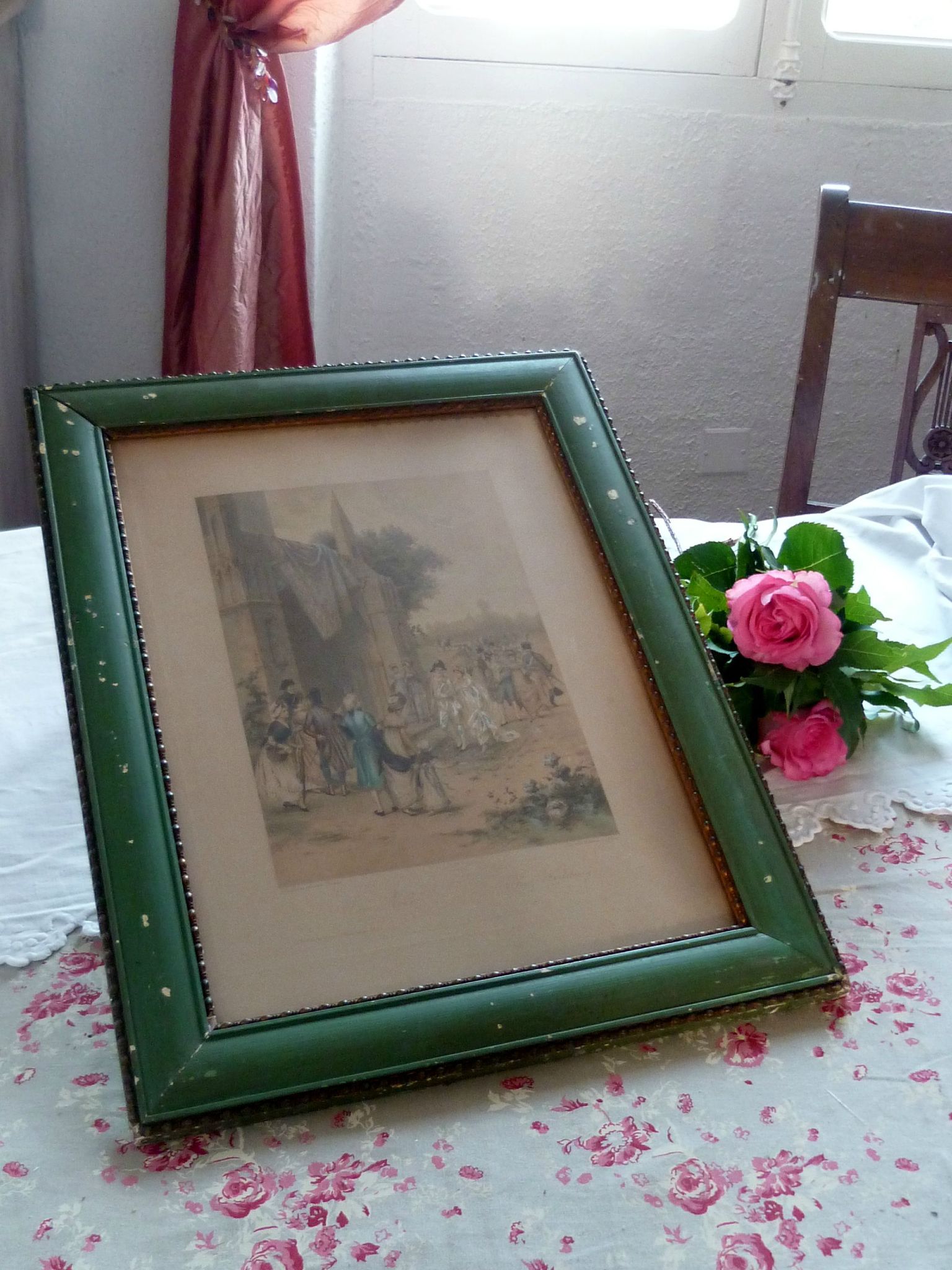 gravure ancienne réhaussée à la gouache