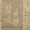 The emperor jahangir with asaf khan, mughal india, circa 1700; borders from the late shah jahan album, circa 1650-1658