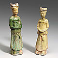 Two Small Glazed Pottery Figures of Female Attendants, Sui Dynasty (589-618)