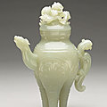 White jade tripod ewer and cover, qing dynasty, qianlong mark and period (1736-1795)