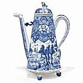 A rare chinese export blue and white 'europa and the bull' coffee pot and cover, early 18th century
