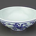 Shallow bowl with thick walls, 1426-1435, Ming dynasty, Xuande reign. Porcelain with cobalt decoration under colorless glaze. H: 9.6 W: 26.1 cm .Jingdezhen, China. Purchase F1952.6. Freer/Sackler © 2014 Smithsonian Institution