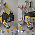 VENDU - grand sac à langer bébé fashion moderne nombreux rangements poches thème étoiles pois jaune gris argent 6