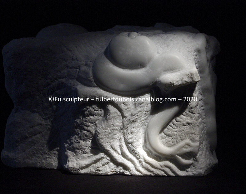 Fu sculptor artist marble direct carving figurative art Satan exposed France may 2020