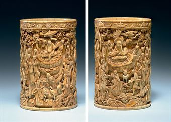 An exceptional carved ivory brush pot, 17th/18th century An exceptional carved ivory brush pot, 17th/18th century
