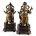 Deux grandes statuettes de gardiens célestes en bronze doré, dynastie ming, xvie-xviie siècle