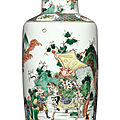 A fine famille-verte 'warrior' rouleau vase, qing dynasty, kangxi period (1662-1722)