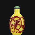 An unusual carved red overlay yellow glass snuff bottle. probably imperial glassworks, beijing, 1760-1840