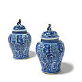 A large pair of blue and white jars and covers, qing dynasty, kangxi period (1662-1722)