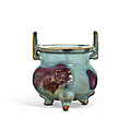 A rare and superb junyao purple-splashed tripod incense burner, jin-early yuan dynasty