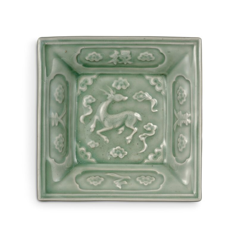 A rare molded 'Longquan' celadon-glazed 'deer' square dish, Yuan dynasty (1271-1368)