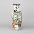 Chinese porcelain famille verte, wucai, vase of rouleau form, kangxi period, circa 1700