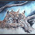 Peinture lynx - 3 jeunes lynx - En famille - Gouache aquarelle Ghislaine Letourneur 2015