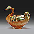 A very rare sancai-glazed pottery goose-form vessel, Tang dynasty (618-907)
