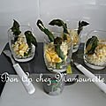 Verrines asperges vertes, petites pâtes rivocca et omelette pour une mise en bouche