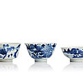 A group of three Vietnamese 19th-20th century 'Bleu de Huê' porcelains bowls with blue and white design. Marks