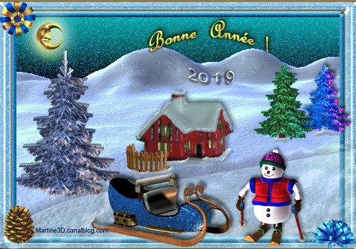 2019-carte-bonne-année-bonhomme-neige-ski-montagne-sapins-traineau