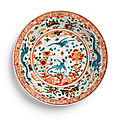 A large polychrome-enameled 'swatow' 'dragon and phoenix' dish, ming dynasty, 16th century