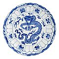 A blue and white 'dragon' dish.Bearing Xuande six-character mark, but Kangxi.Photo Bonhams.