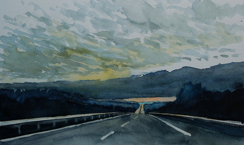 Road under clouds, aquarelle mai 2018
