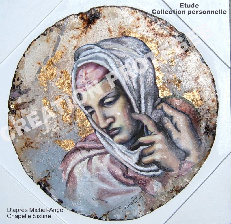 Etude Marie Chapelle Sixtine d'après Michel-Ange Peinture sur métal huile - collection personnelle
