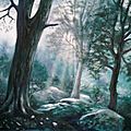 La forêt de Brocéliande - Rayon de lumière à travers les arbres - Ghislaine Letourneur Peinture Huile sur papier - The forest of Broceliande