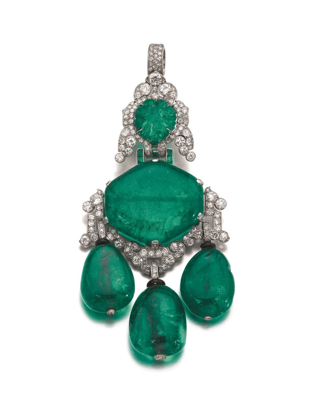 Colombian emerald and diamond pendant-brooch combination, Cartier, 1927 - Magnificent Jewels and Noble Jewels Sotheby's Geneva 13 nov 2019