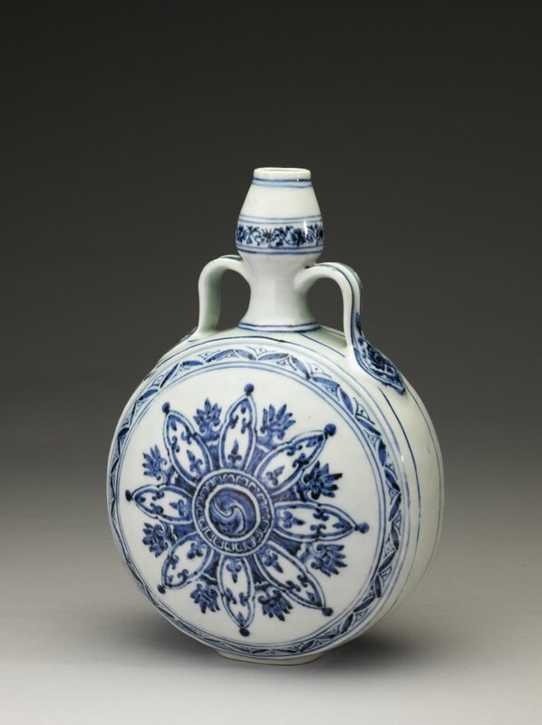 A blue and white moonflask, Ming dynasty, Yongle period, Qing Court Collection, National Palace Museum, Taipei