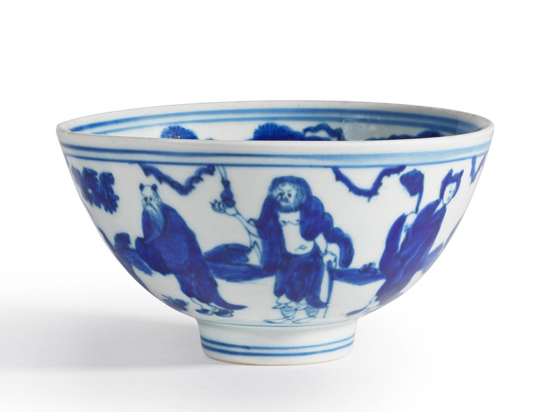 A rare blue and white 'Eight Immortals' bowl, Jiajing six-character mark and of the period (1522-1566)