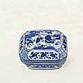 A blue and white 'figures' rectangular box and cover, jiajing six-character mark and of the period (1522-1566)