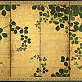 A six fold paper screen painted in ink and colour on a gold ground with trailing vines, japan, 17th century, edo period