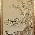 Tenture à décor brodé d'un tigre chassant un axis, vietnam, tonkin, début du 20° siècle