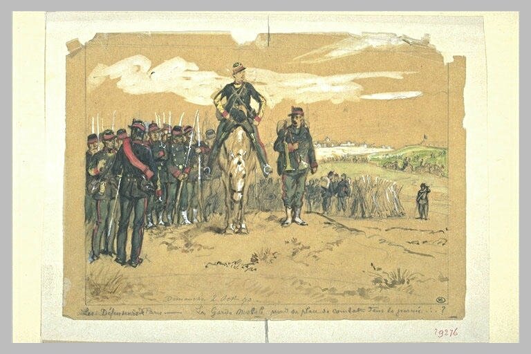 Régamey, halte de soldats et officier à cheval (défense de Paris) dessin