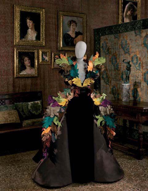 Roberto Capucci . Foglie [Leaves]. Sculpture-dress brown velvet with satin cones on the sides and ramage of