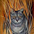 Chat tabby gris dans les herbes Ghislaine Letourneur Peinture sur bois