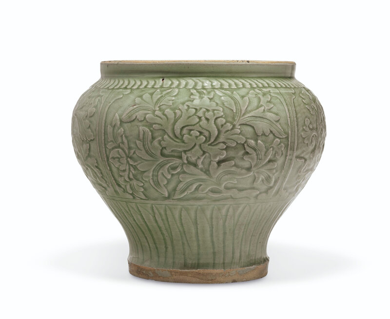 A carved Longquan celadon jar, Yuan dynasty (1279-1368