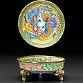 A very rare and exquisite imperial painted enamel tripod dish, qianlong four-character mark in blue enamel and of the period