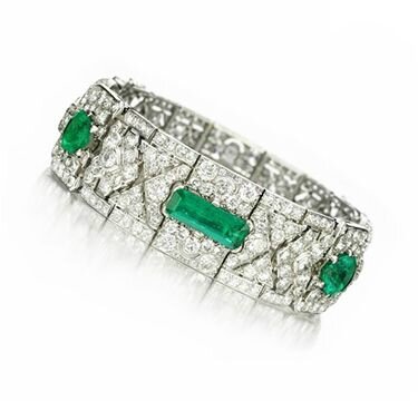 A Pair of Art Deco Platinum, Emerald and Diamond Ear Pendants, by ...